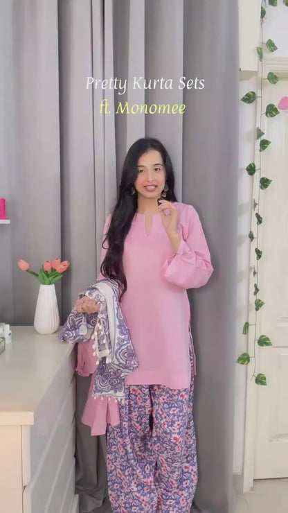 Mono- Pink Solid Kurti with Blue Floral Printed Pants