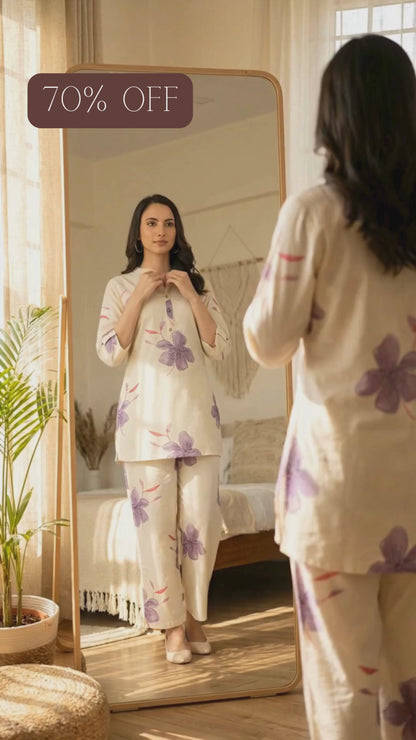 Pepi- Off-White & Purple Floral Printed Cotton Co-Ord Set