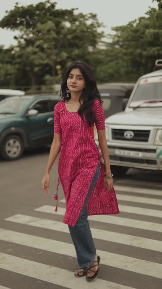 Fana- cotton Bandhani printed top with round necK