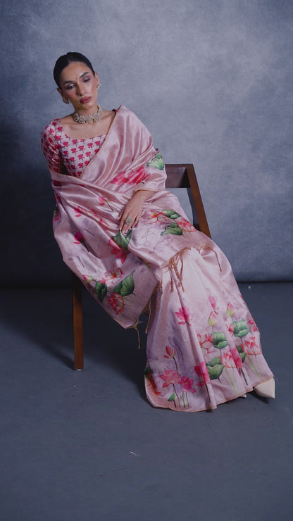 Lotus- Satin Silk Floral Printed Saree with Designer Blouse